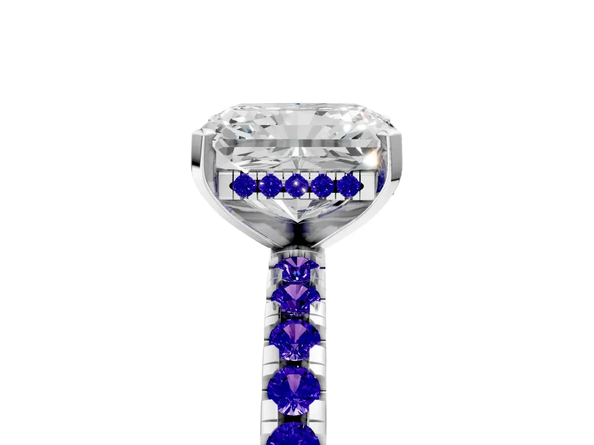 Radiant Cut Diamond Solitaire Ring with Round Tanzanite Pavé Band and Four-Prong Setting Silver