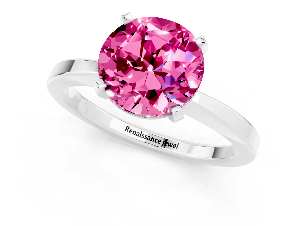 Round Cut Pink Sapphire Solitaire Engagement Ring with Classic Band and Four-Prong Setting Platinum