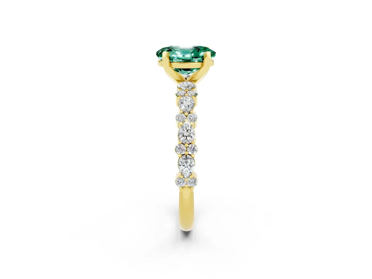 Oval Cut Green Sapphire Side Stone Solitaire Ring with Round and Four-Prong Setting Yellow gold