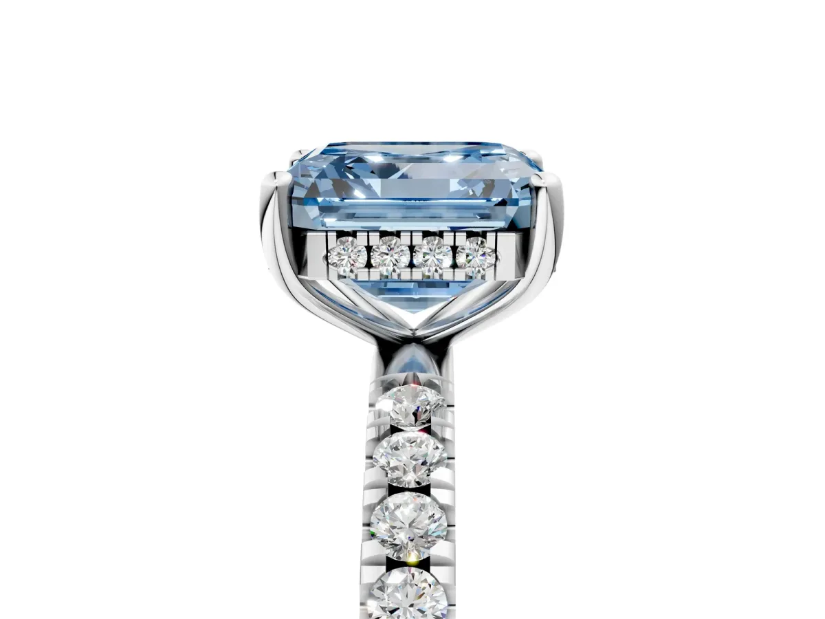 Fancy Blue Asscher Cut Diamond Pave Band Solitaire Ring with Round and Prong Setting White gold