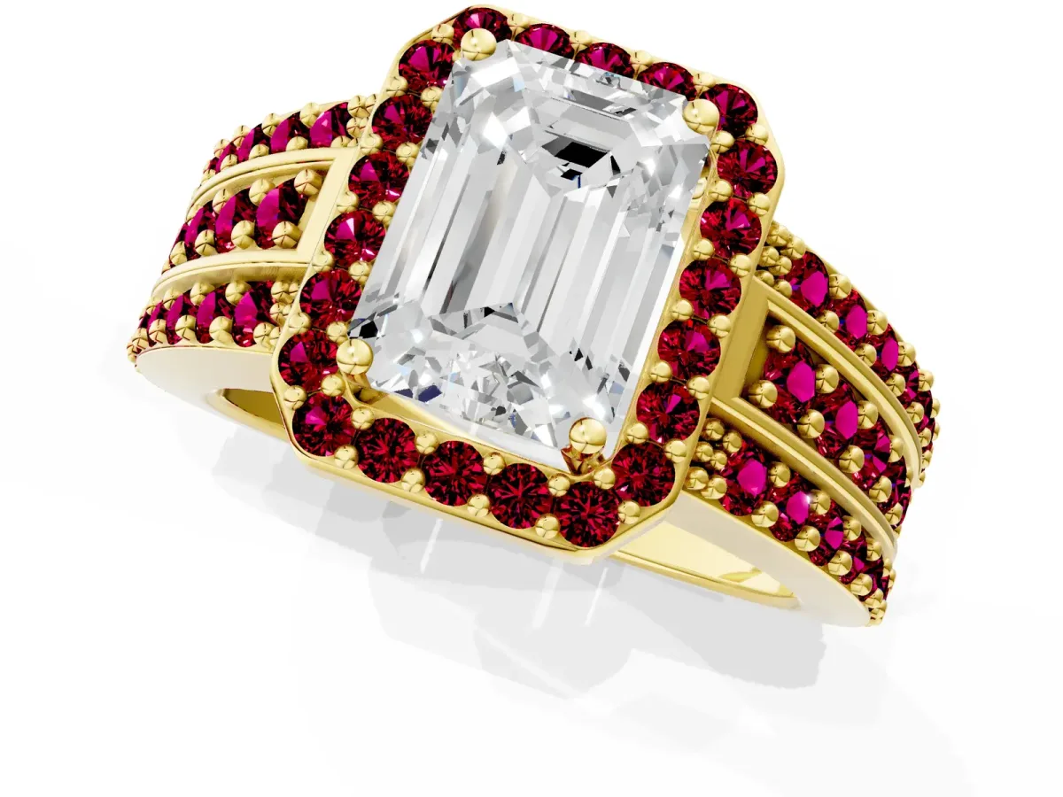 Emerald Cut Halo Diamond Ring with Round Garnet Split Shank and Prong Setting Yellow gold