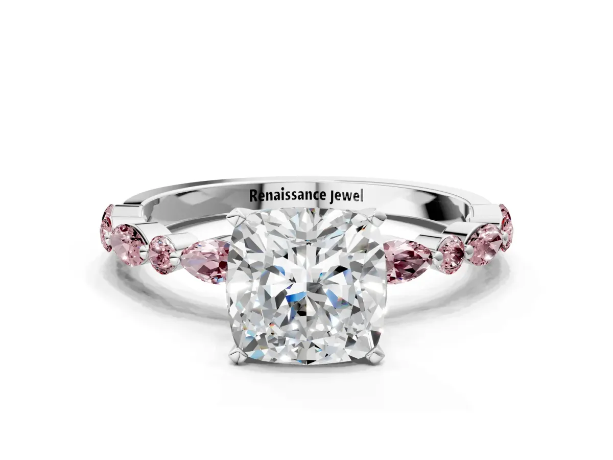 Cushion Cut Diamond Ring with Marquise and Round Morganite Side Stones and Four-Prong Setting Silver