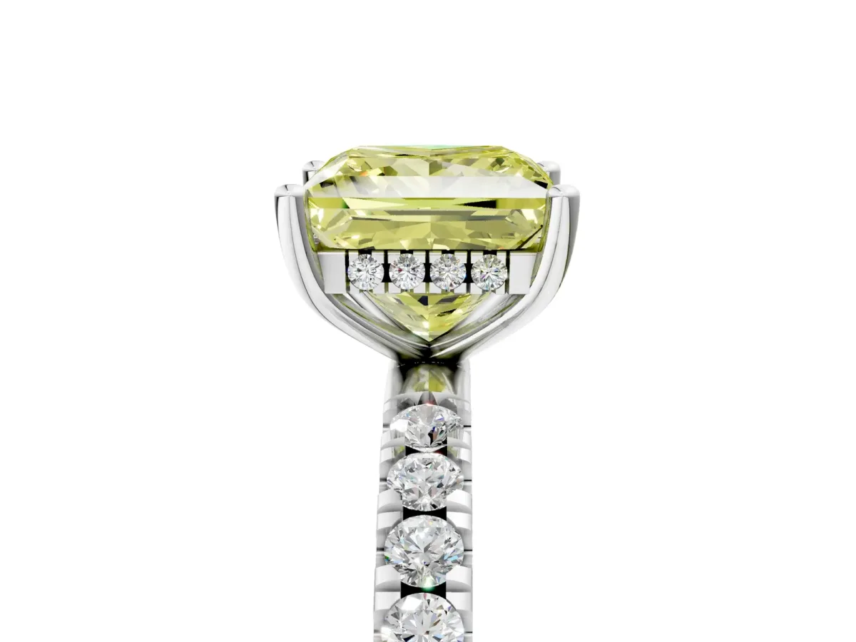 Fancy Yellow Princess Cut Diamond Pave Band Solitaire Ring with Round and Prong Setting Silver