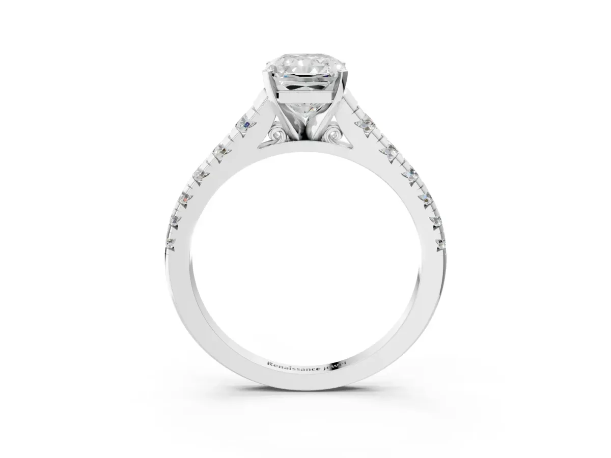 Radiant Cut Diamond Cathedral Solitaire Ring with Round Moissanite Pavé Band Platinum