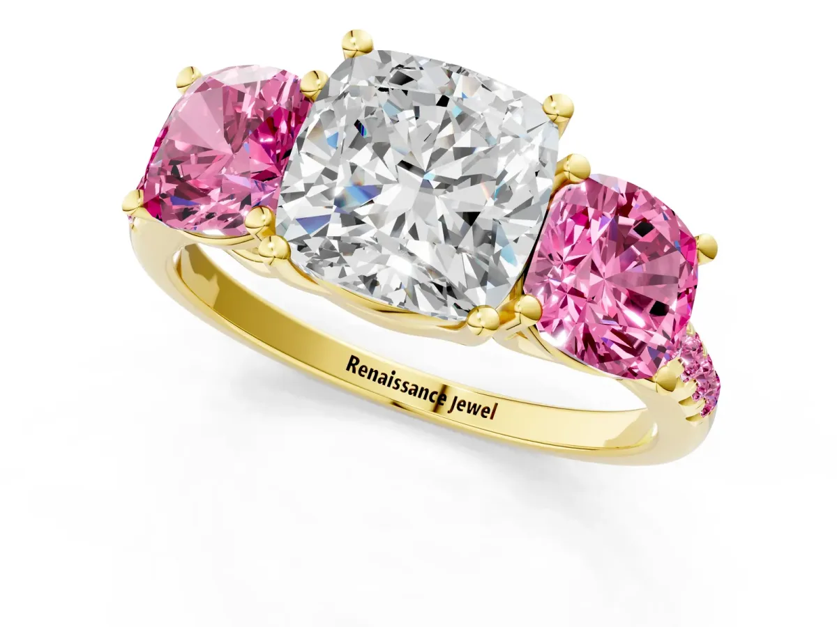 Three-Stone Cushion Cut Diamond Ring with Round Pink Sapphire Pavé Band and Prong Setting Yellow gold