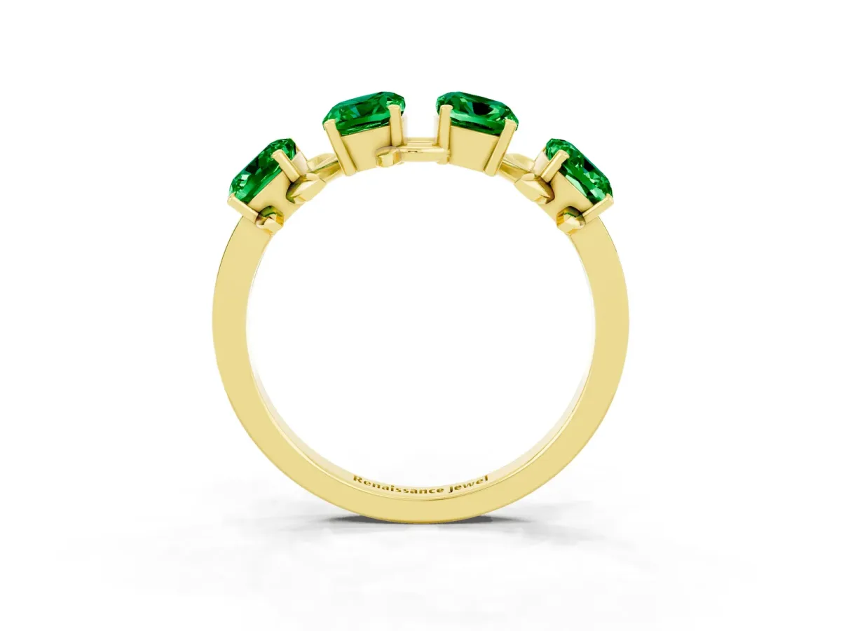 Four-Stone Elongated Cushion Emerald Band with Nature-Inspired Prong Setting Yellow gold