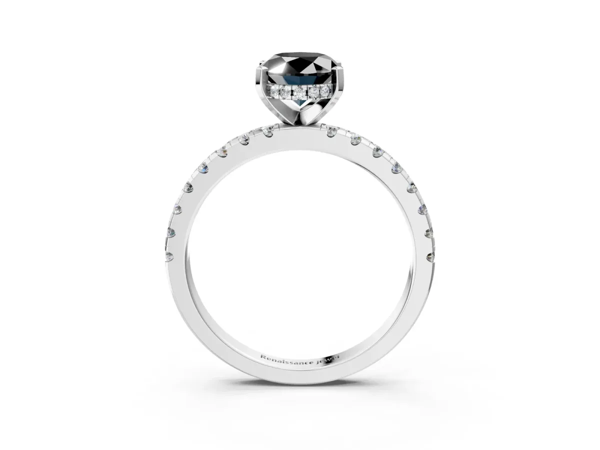 Fancy Black Oval Cut Diamond Solitaire Ring with Round Pavé Band and Four-Prong Setting Silver