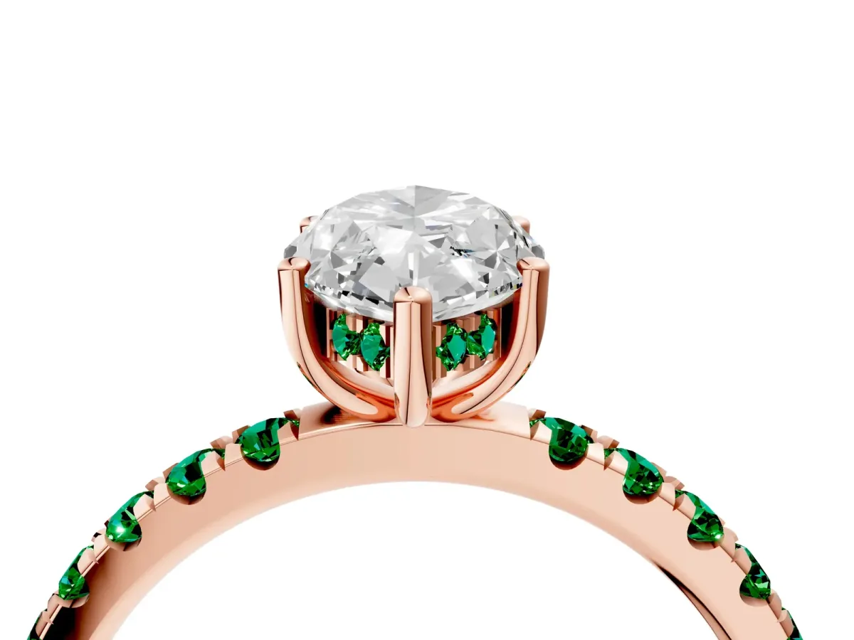Marquise Cut Diamond Pave Band Solitaire Ring with Round Emerald and Prong Setting Rose gold