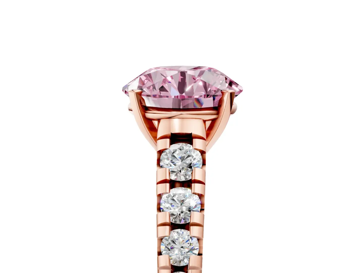 Fancy Pink Round Cut Diamond Cathedral Solitaire Ring with Round Pavé Band Rose gold