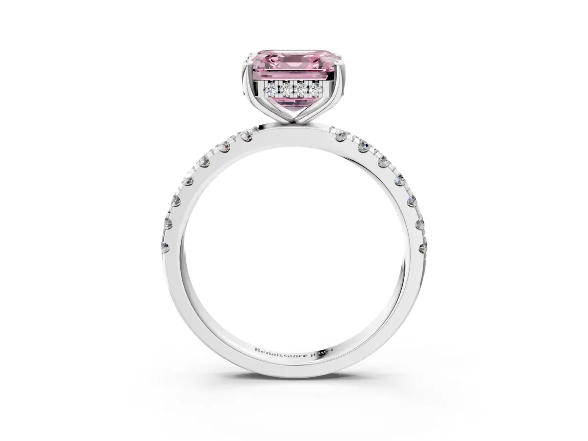 Fancy Pink Asscher Cut Diamond Pave Band Solitaire Ring with Round and Prong Setting Platinum