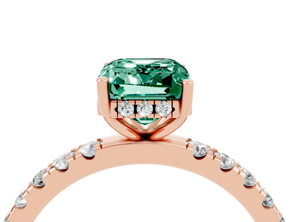 Emerald Cut Green Sapphire Pave Band Solitaire Ring with Round and Prong Setting Rose gold