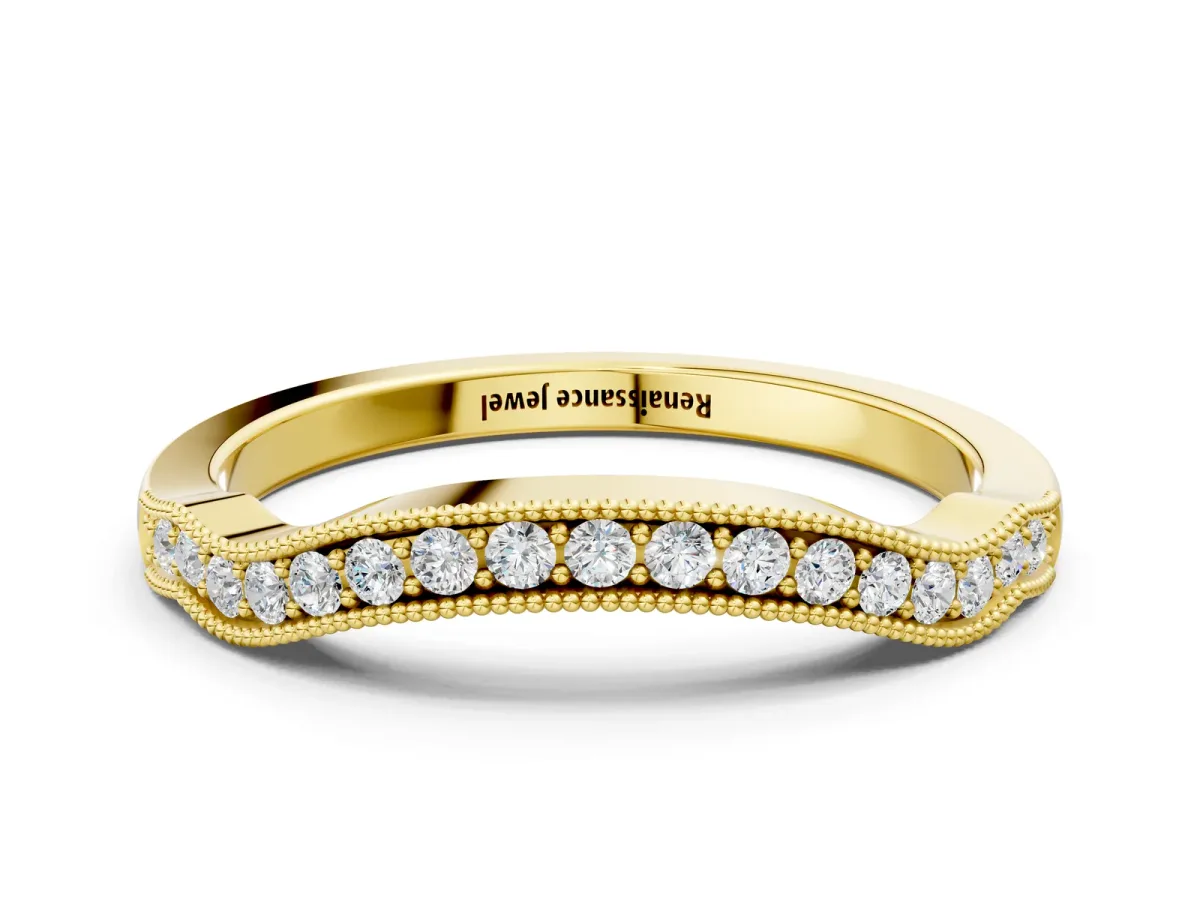 Curved Pavé Diamond Milgrain Band with Round Brilliant Stones Yellow gold