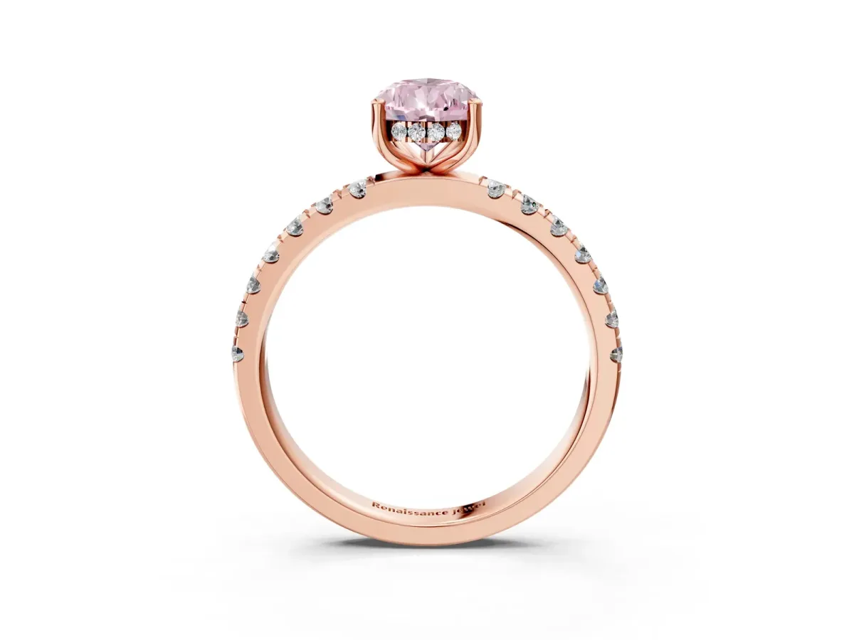 Fancy Pink Pear Cut Diamond Pave Band Solitaire Ring with Round and Prong Setting Rose gold