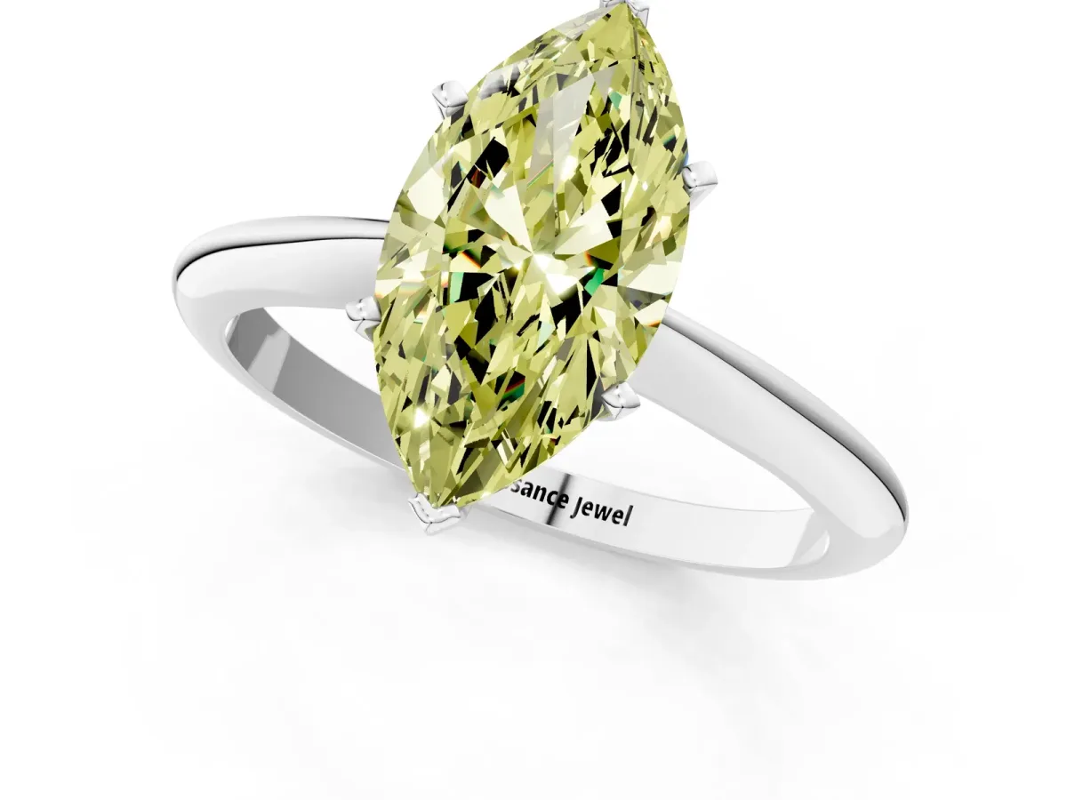 Fancy Yellow Marquise Cut Diamond Solitaire Engagement Ring with Classic Band and Four-Prong Setting Silver