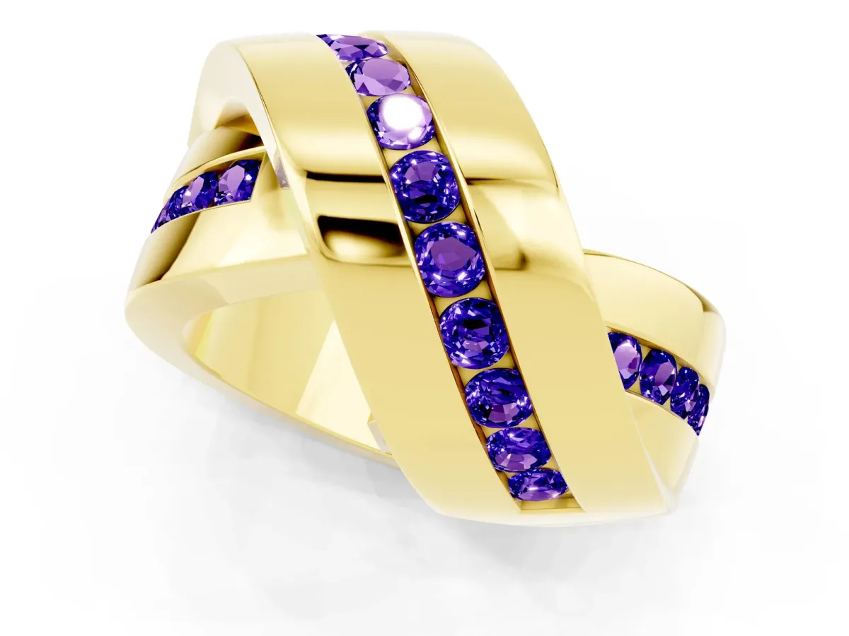 Pavé Round Tanzanite Crossover Band with Channel Setting Yellow gold