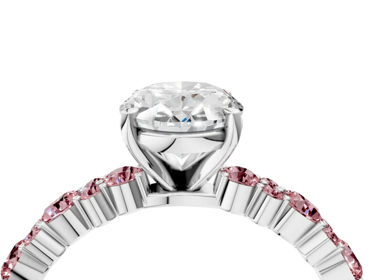 Oval Cut Diamond Side Stone Solitaire Ring with Round Morganite and Four-Prong Setting Platinum