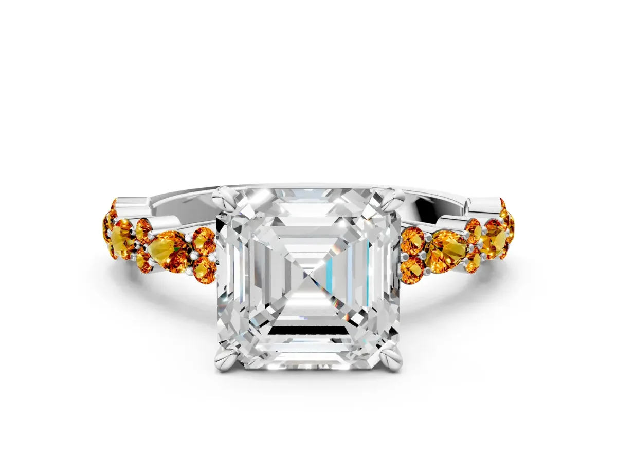 Asscher Cut Diamond Side Stone Solitaire Ring with Round Citrine and Four-Prong Setting Silver