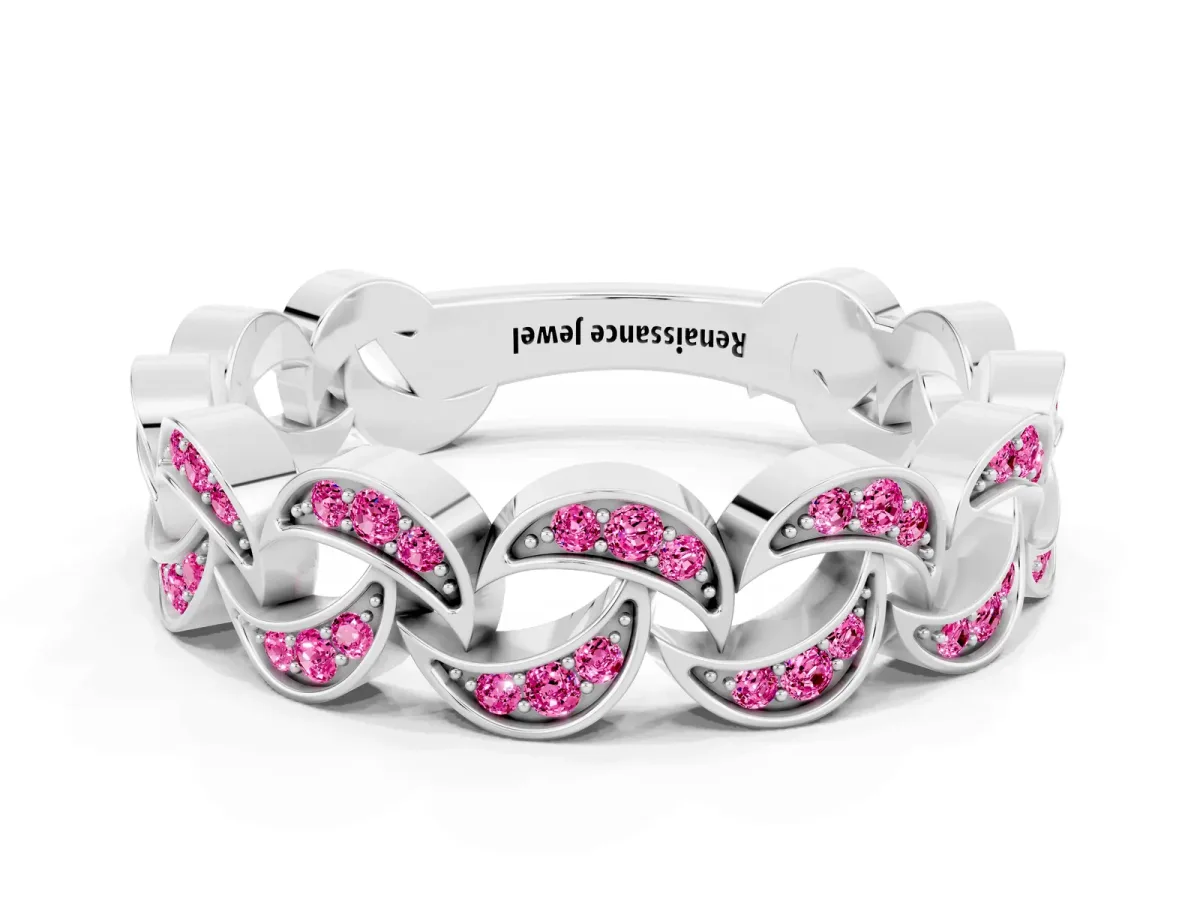 Pavé Round Pink Sapphire Interlocking Eternity Band with Bezel Prong Setting Platinum