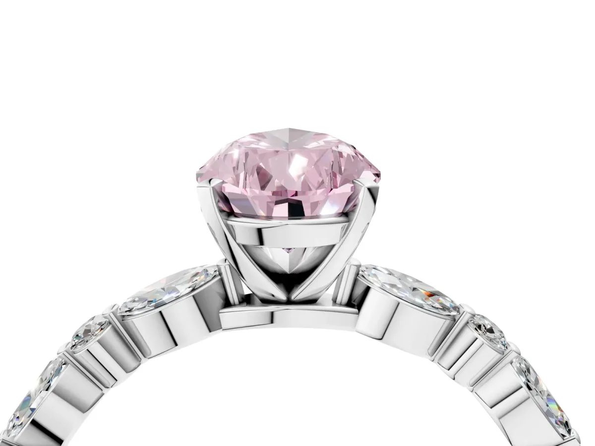 Fancy Pink Pear Cut Diamond Ring with Marquise and Round Side Stones and Four-Prong Setting Platinum