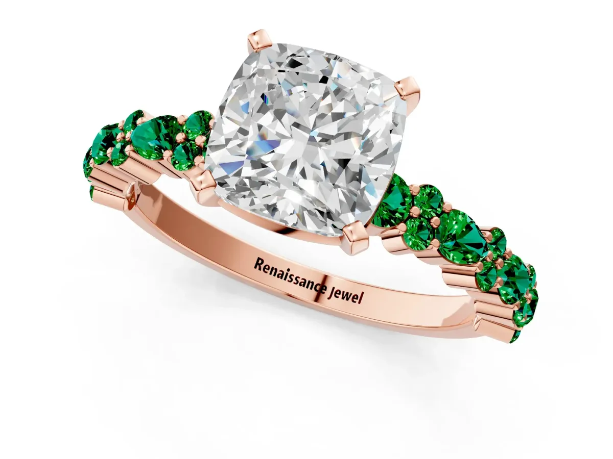 Cushion Cut Diamond Side Stone Solitaire Ring with Round Emerald and Four-Prong Setting Rose gold