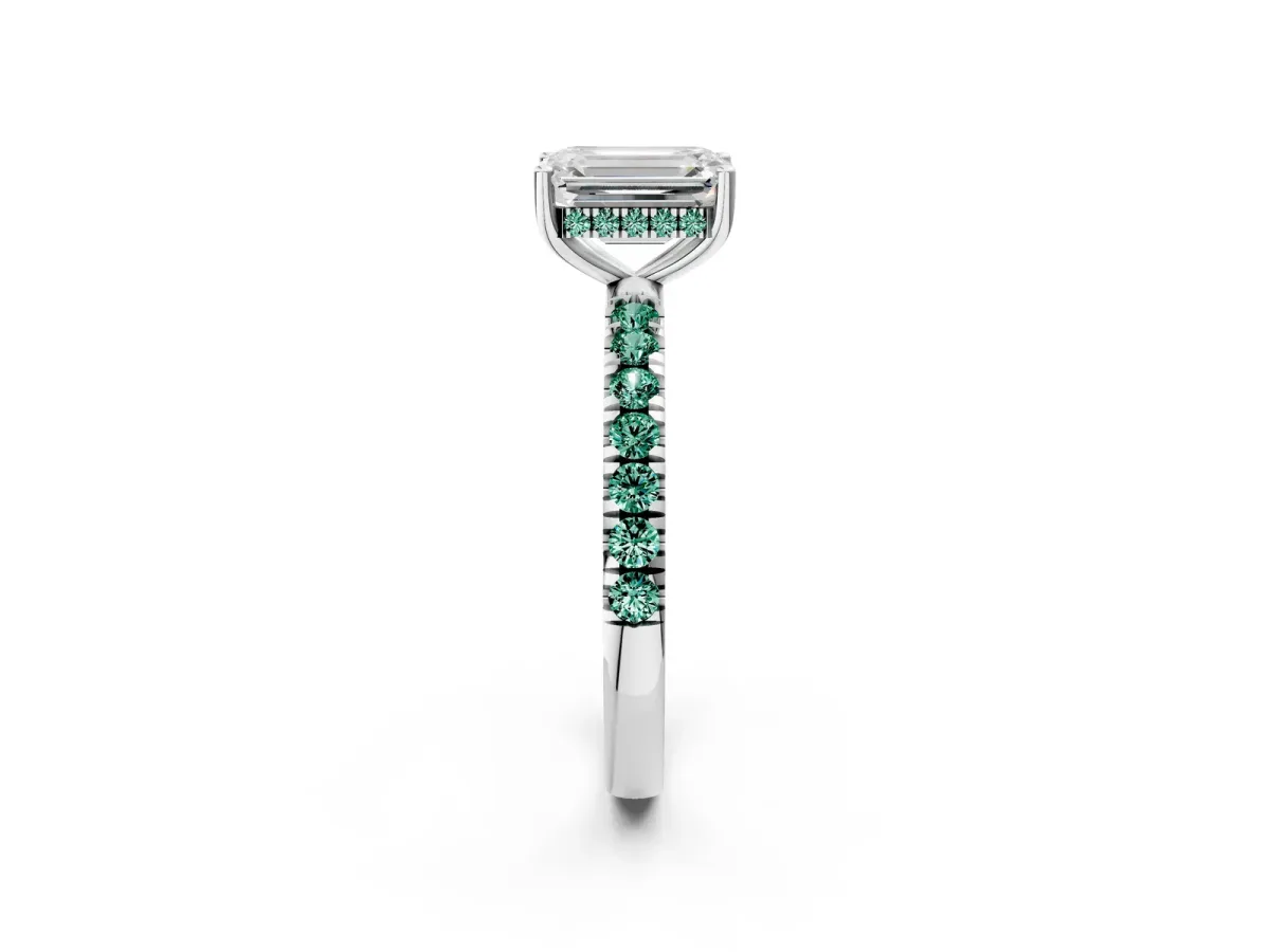 Emerald Cut Diamond Pave Band Solitaire Ring with Round Green Sapphire and Prong Setting Platinum