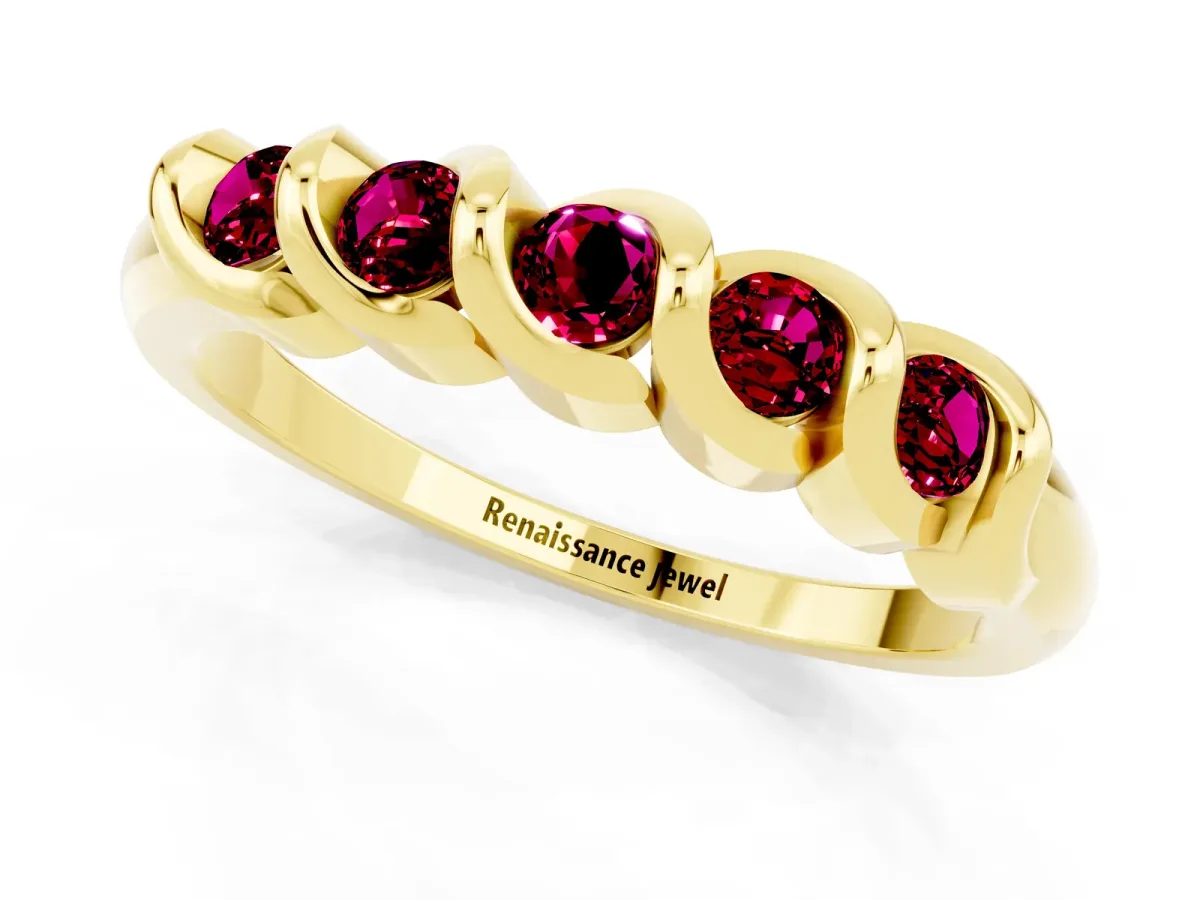 Round Garnet Eternity Band with Twist Prong Setting Yellow gold