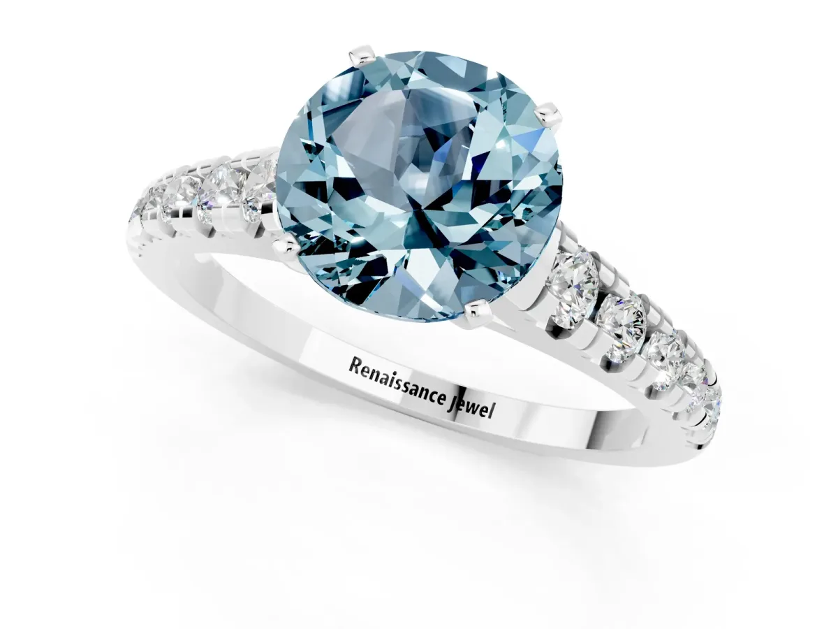 Round Cut Aquamarine Cathedral Solitaire Ring with Round Pavé Band Platinum
