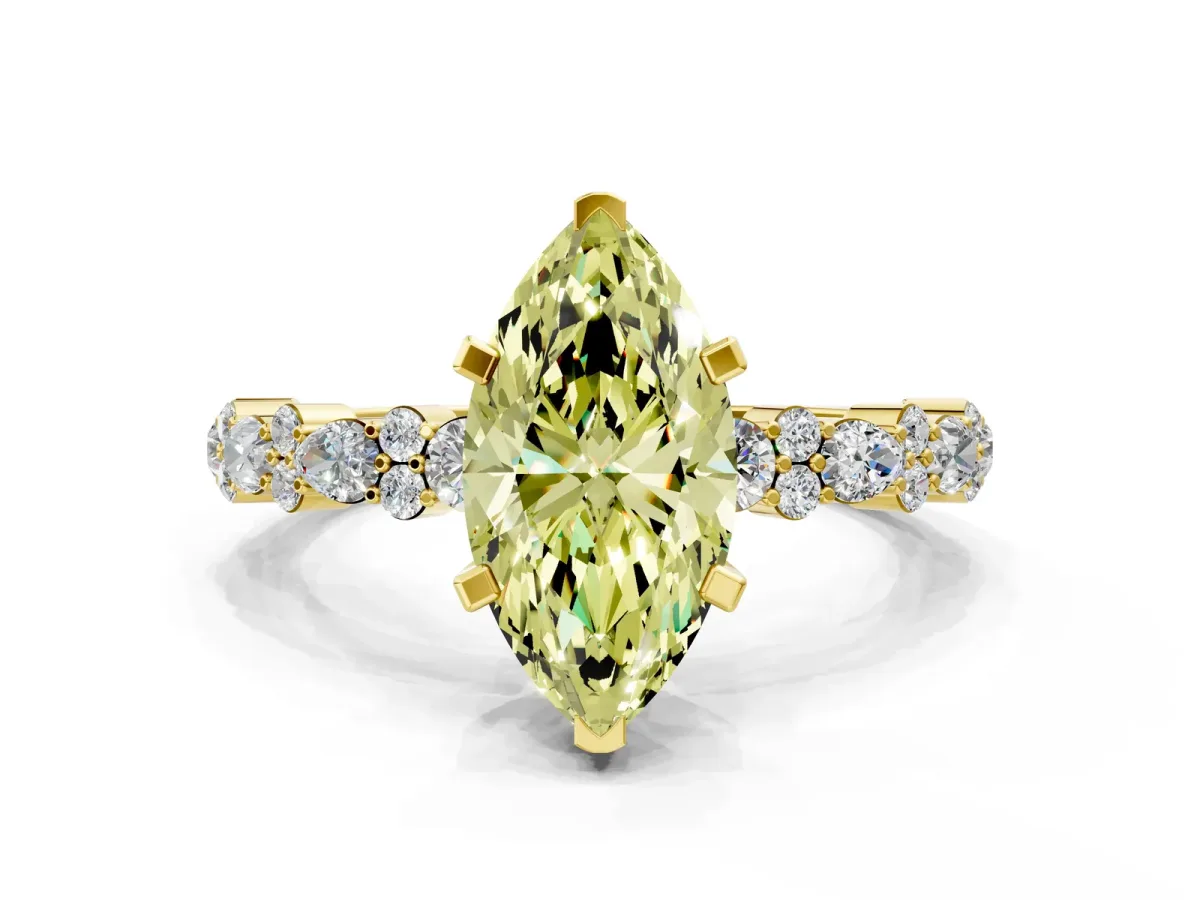 Fancy Yellow Marquise Cut Diamond Side Stone Solitaire Ring with Round and Four-Prong Setting Yellow gold