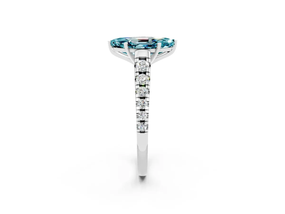 Marquise Cut Blue Topaz Cathedral Solitaire Ring with Round Pavé Band Silver
