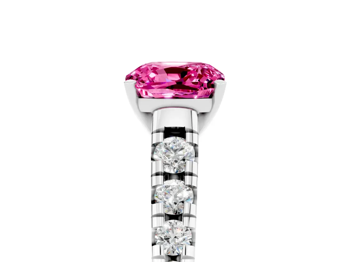 Cushion Cut Pink Sapphire Cathedral Solitaire Ring with Round Pavé Band Platinum