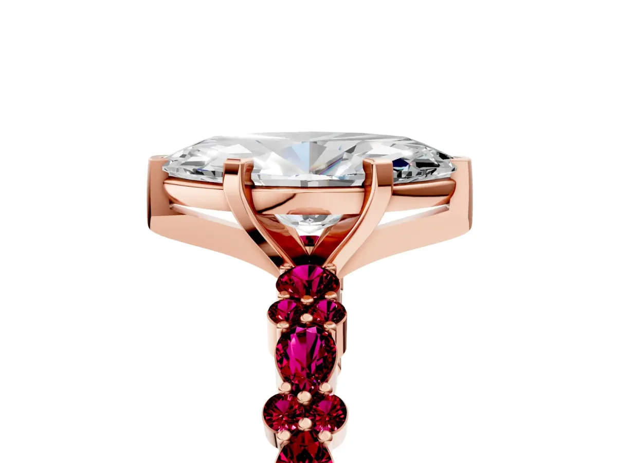 Marquise Cut Diamond Side Stone Solitaire Ring with Round Garnet and Four-Prong Setting Rose gold
