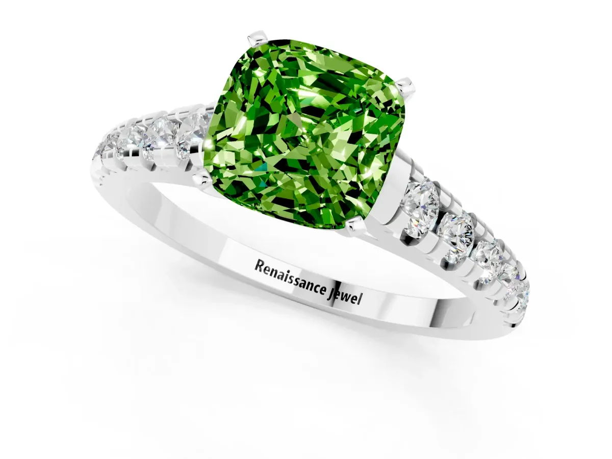 Cushion Cut Peridot Cathedral Solitaire Ring with Round Pavé Band Silver