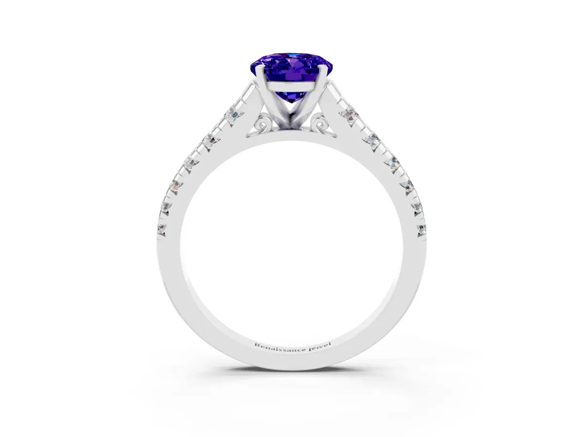 Oval Cut Tanzanite Cathedral Solitaire Ring with Round Pavé Band White gold