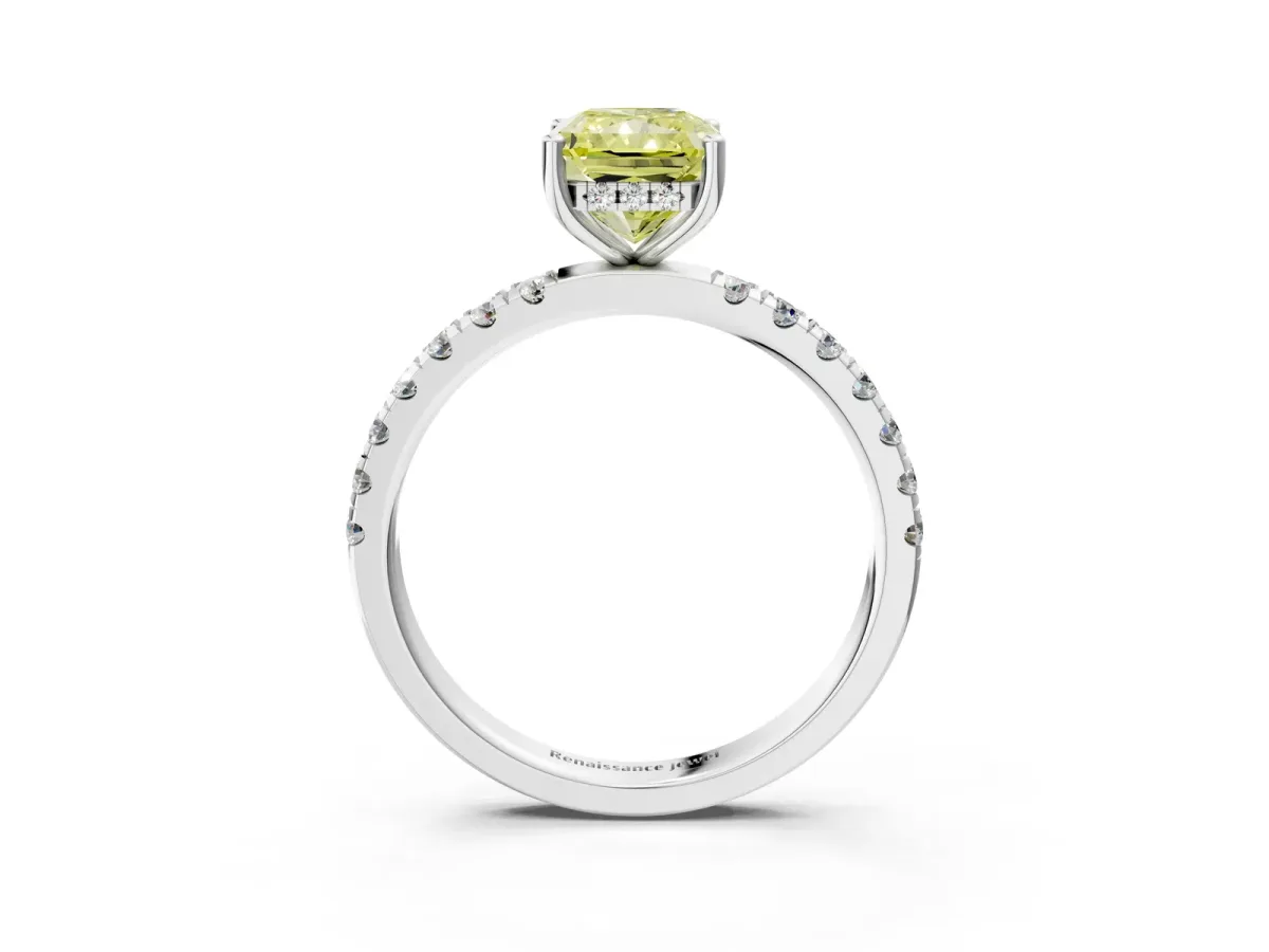 Fancy Yellow Radiant Cut Diamond Pave Band Solitaire Ring with Round and Prong Setting Silver