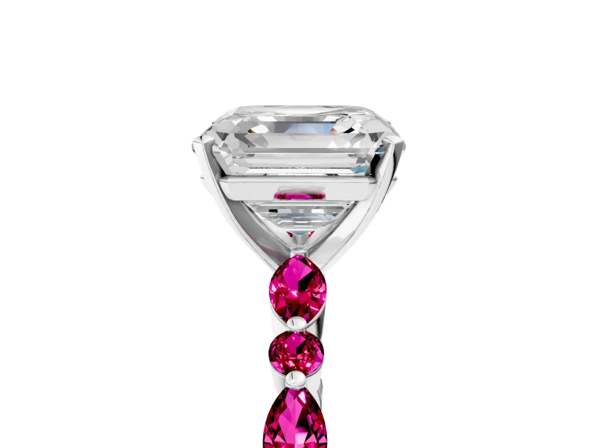 Asscher Cut Diamond Ring with Marquise and Round Garnet Side Stones and Four-Prong Setting Platinum