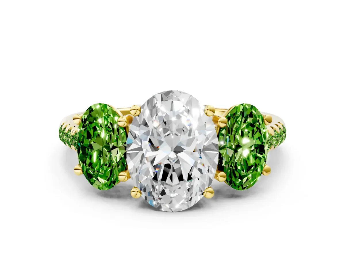 Three-Stone Oval Cut Diamond Ring with Round Peridot Pavé Band and Prong Setting Yellow gold
