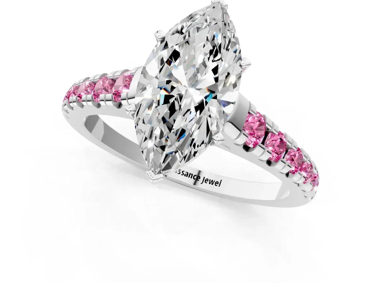 Marquise Cut Diamond Cathedral Solitaire Ring with Round Pink Sapphire Pavé Band Silver