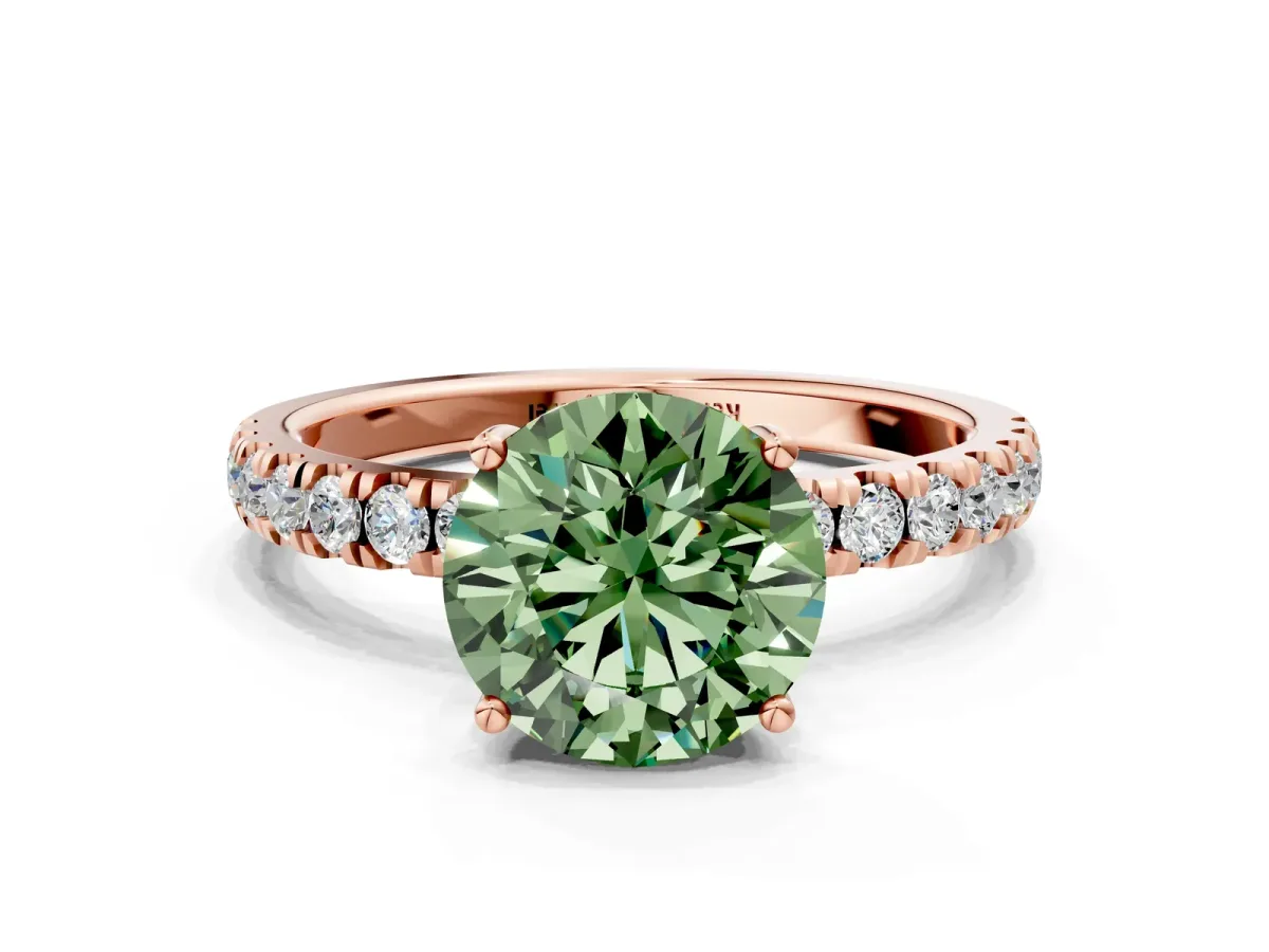 Fancy Green Round Cut Diamond Pave Band Solitaire Ring with Round and Prong Setting Rose gold