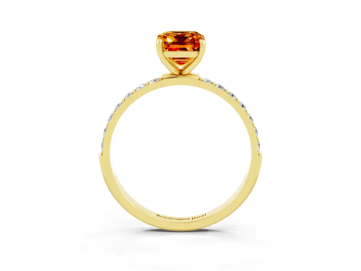 Emerald Cut Citrine Solitaire Ring with Round Pavé Band and Prong Setting Yellow gold