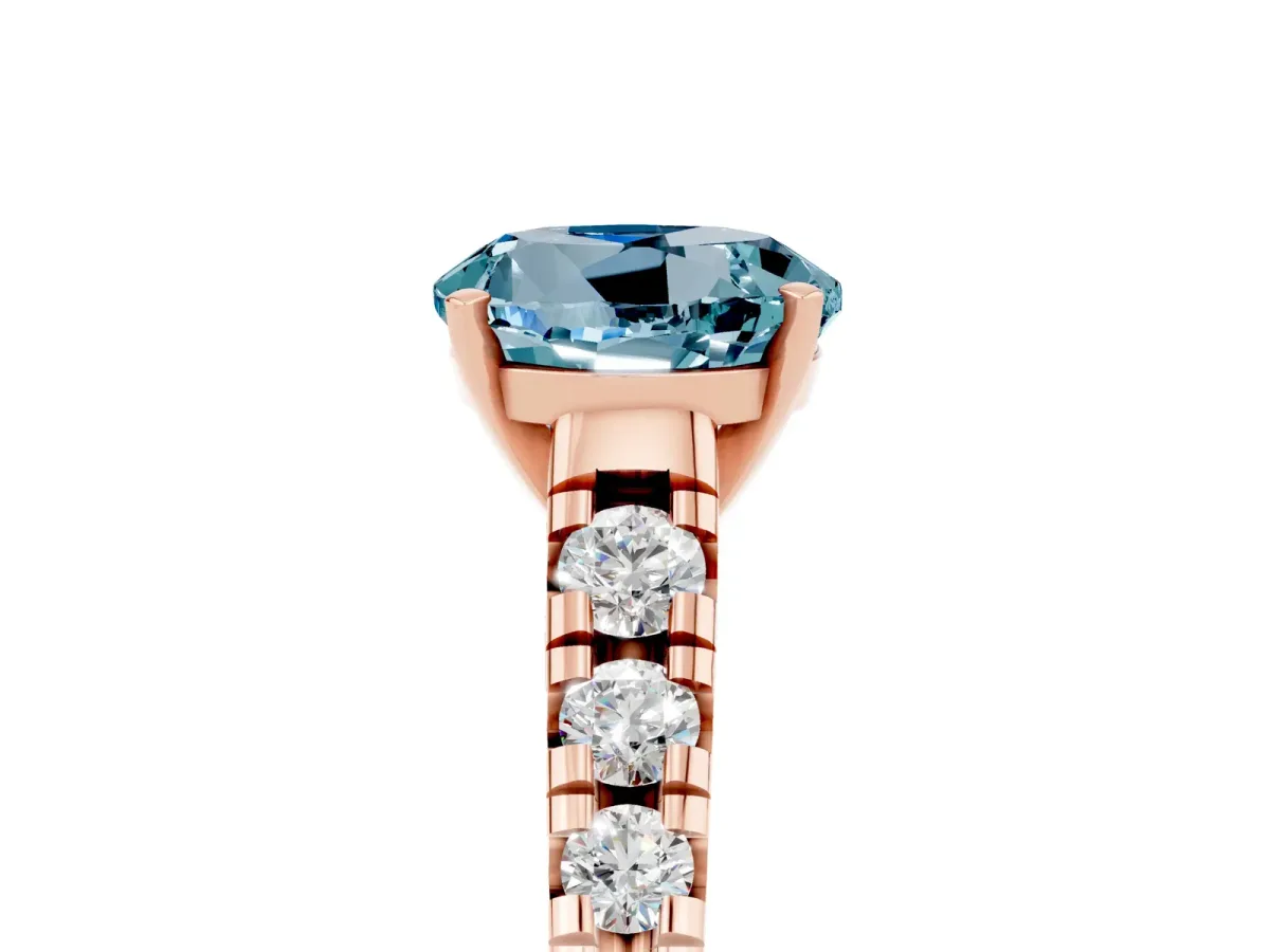 Round Cut Aquamarine Cathedral Solitaire Ring with Round Pavé Band Rose gold