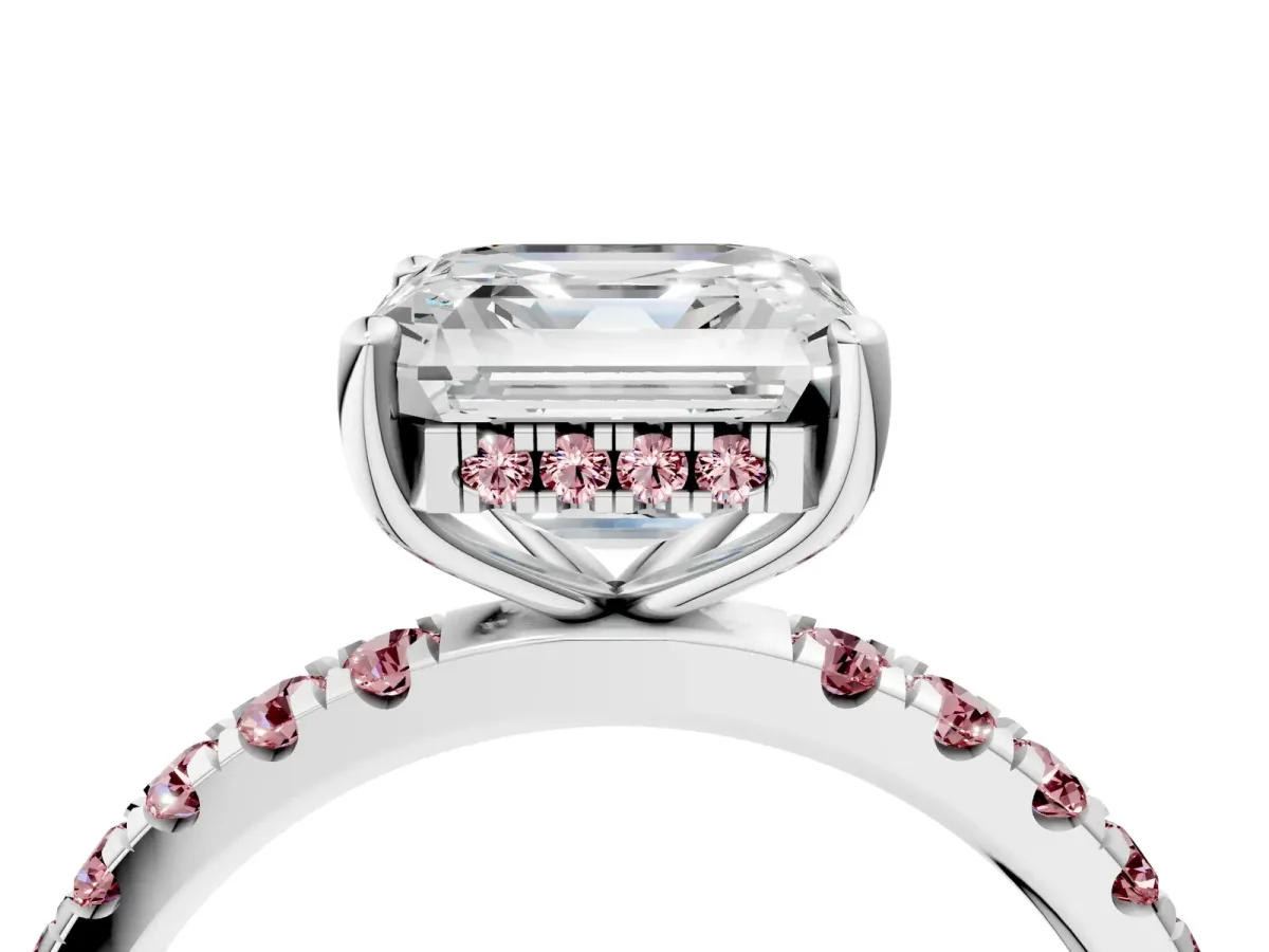 Asscher Cut Diamond Pave Band Solitaire Ring with Round Morganite and Prong Setting Silver