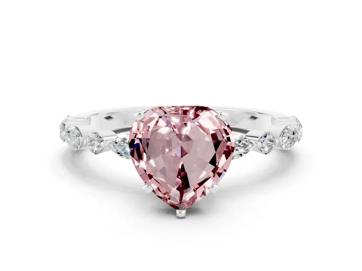 Heart Cut Morganite Ring with Marquise and Round Side Stones and Four-Prong Setting Silver