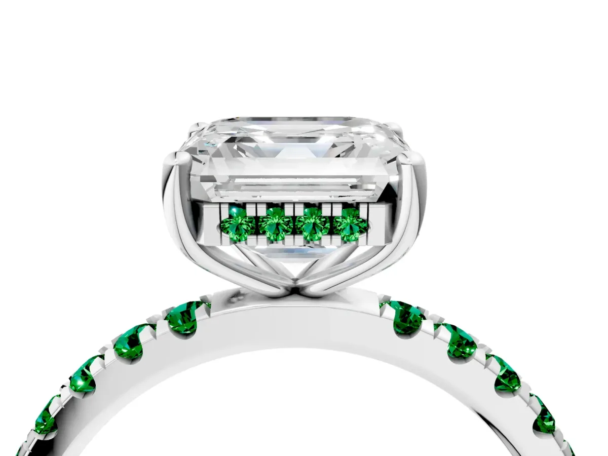 Asscher Cut Diamond Pave Band Solitaire Ring with Round Emerald and Prong Setting Platinum