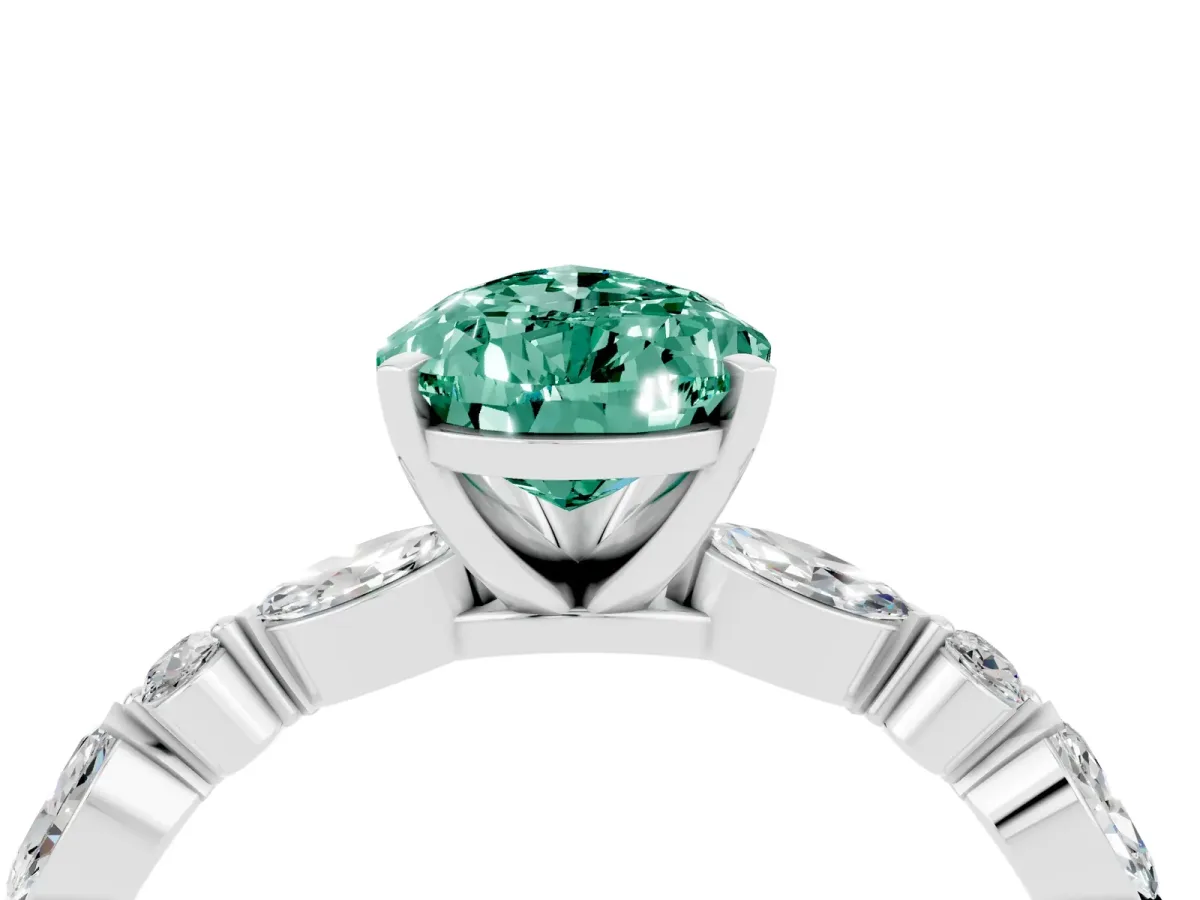 Pear Cut Green Sapphire Ring with Marquise and Round Side Stones and Four-Prong Setting Platinum