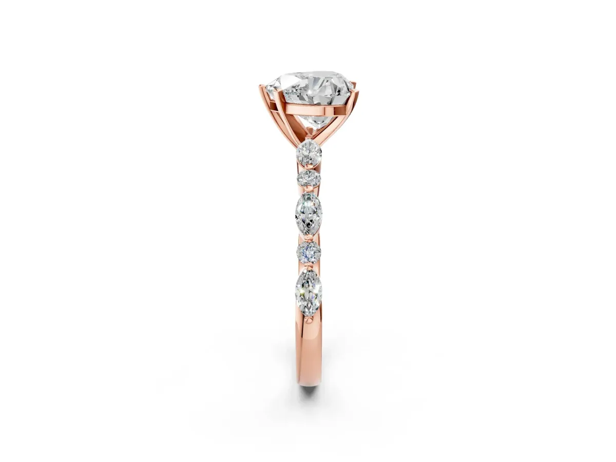 Heart Cut Diamond Ring with Marquise and Round Side Stones and Four-Prong Setting Rose gold
