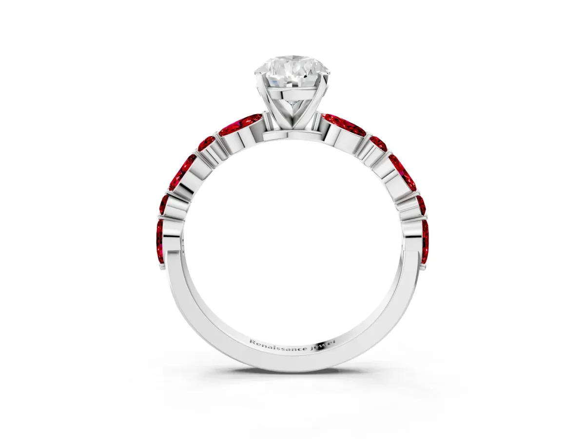 Pear Cut Diamond Ring with Marquise and Round Ruby Side Stones and Four-Prong Setting Platinum