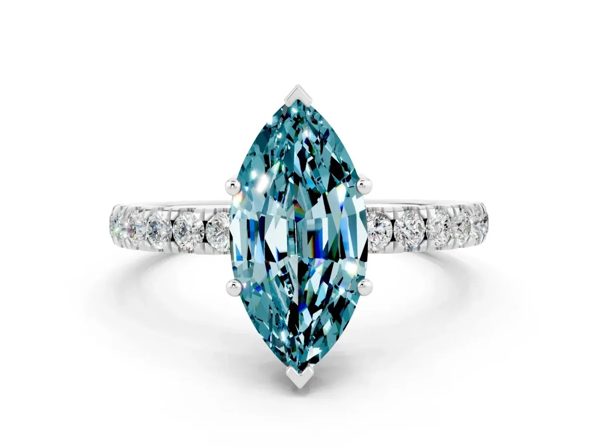 Marquise Cut Blue Topaz Pave Band Solitaire Ring with Round and Prong Setting Silver