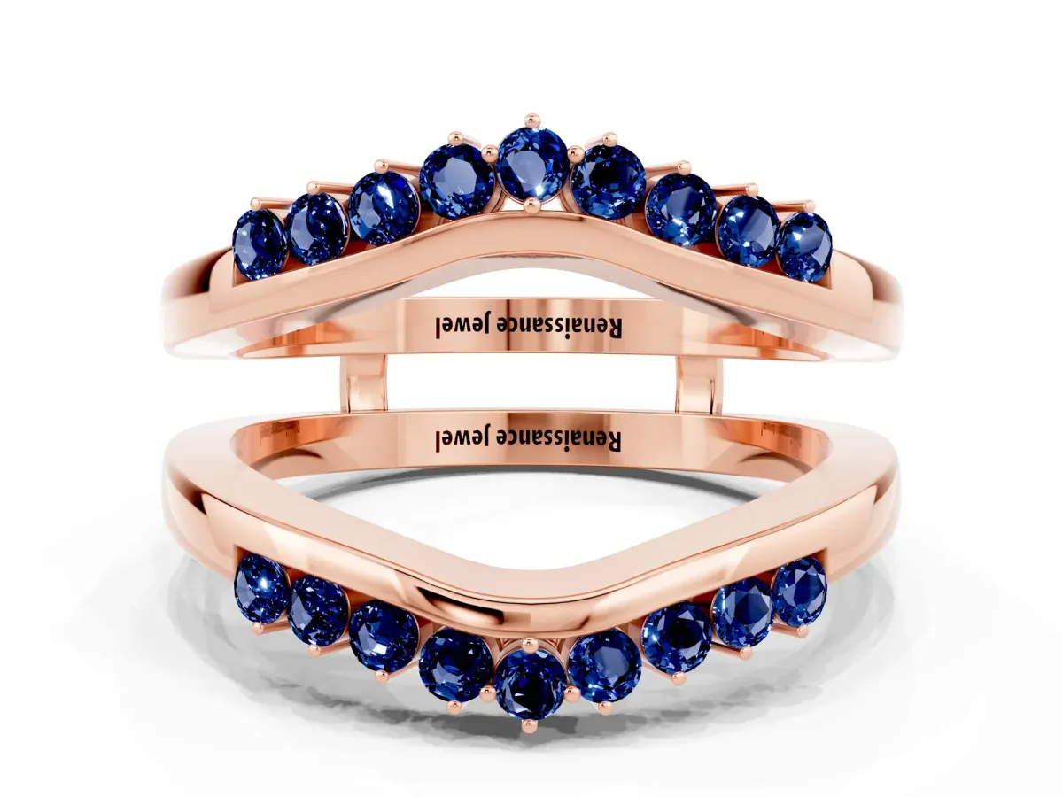 Round Blue Sapphire Chevron Contour Band with Prong Setting Rose gold