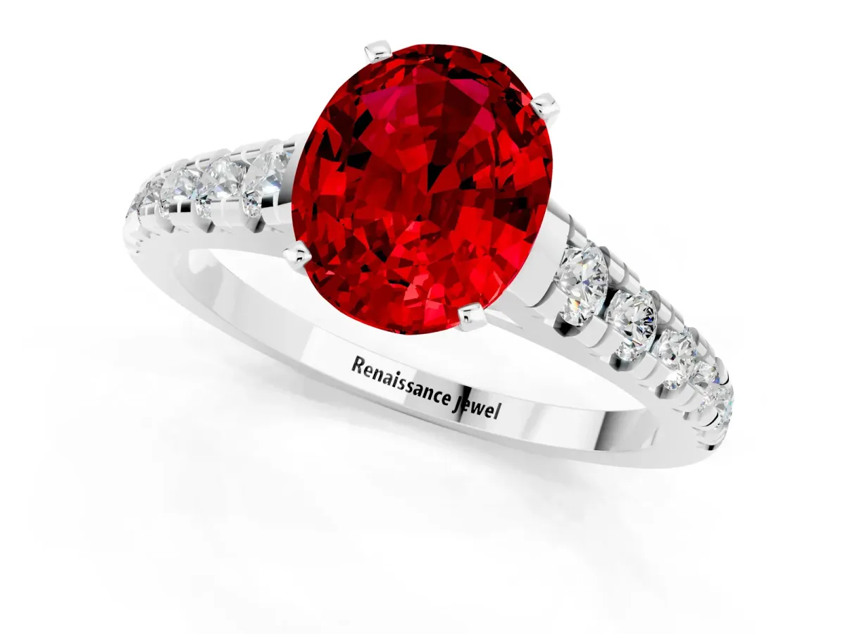Oval Cut Ruby Cathedral Solitaire Ring with Round Pavé Band Platinum