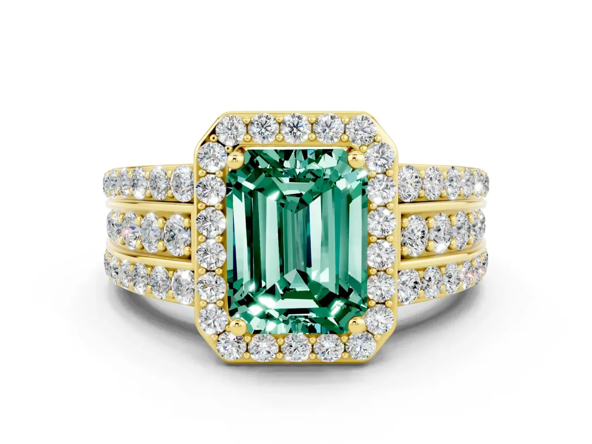Emerald Cut Halo Green Sapphire Ring with Round Split Shank and Prong Setting Yellow gold